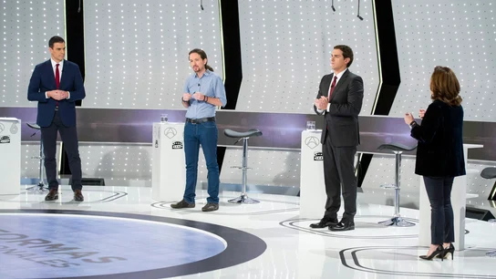 Sánchez, Iglesias, Rivera y Santamaría, en el debate 7D Sánchez, Iglesias, Rivera y Santamaría, en el debate 7D