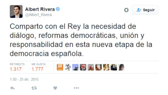 Rivera dice compartir las ideas que el rey Felipe expres&oacute; en el discurso de Navidad