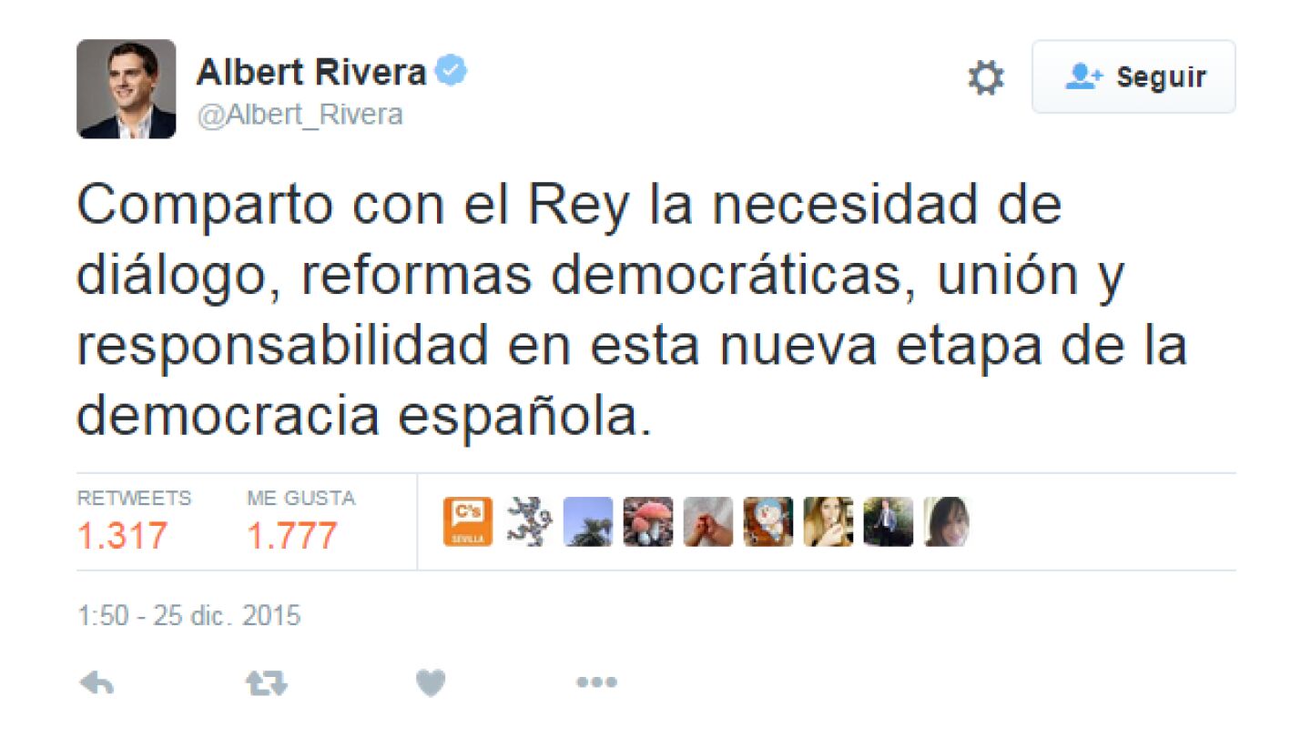 Rivera dice compartir las ideas que el rey Felipe expres&oacute; en el discurso de Navidad