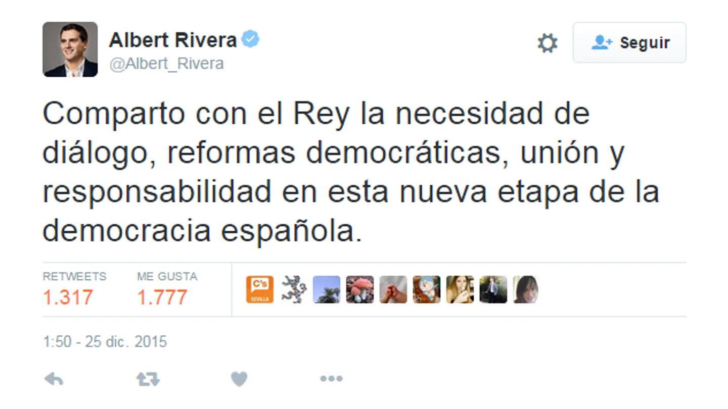 Rivera dice compartir las ideas que el rey Felipe expresó en el discurso de Navidad Rivera dice compartir las ideas que el rey Felipe expresó en el discurso de Navidad