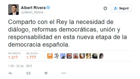 Rivera dice compartir las ideas que el rey Felipe expresó en el discurso de Navidad Rivera dice compartir las ideas que el rey Felipe expresó en el discurso de Navidad