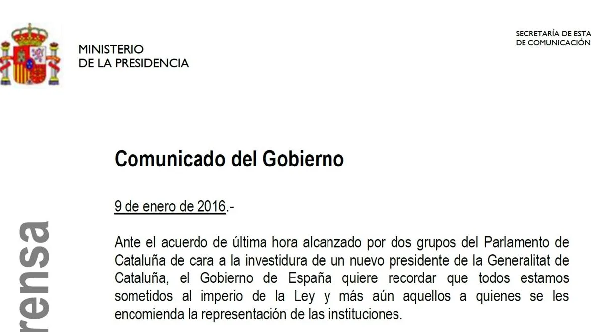 Comunicado del Gobierno frente a la independencia catalana