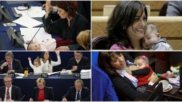 Varias madres con sus hijos en el Parlamento