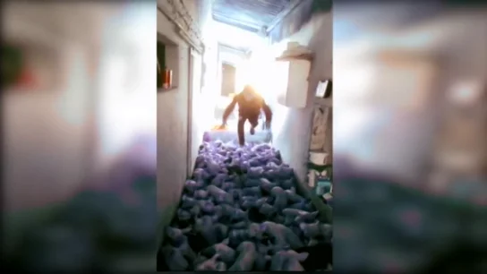 Fotograma del vídeo de un joven saltando sobre unos lechones Fotograma del vídeo de un joven saltando sobre unos lechones