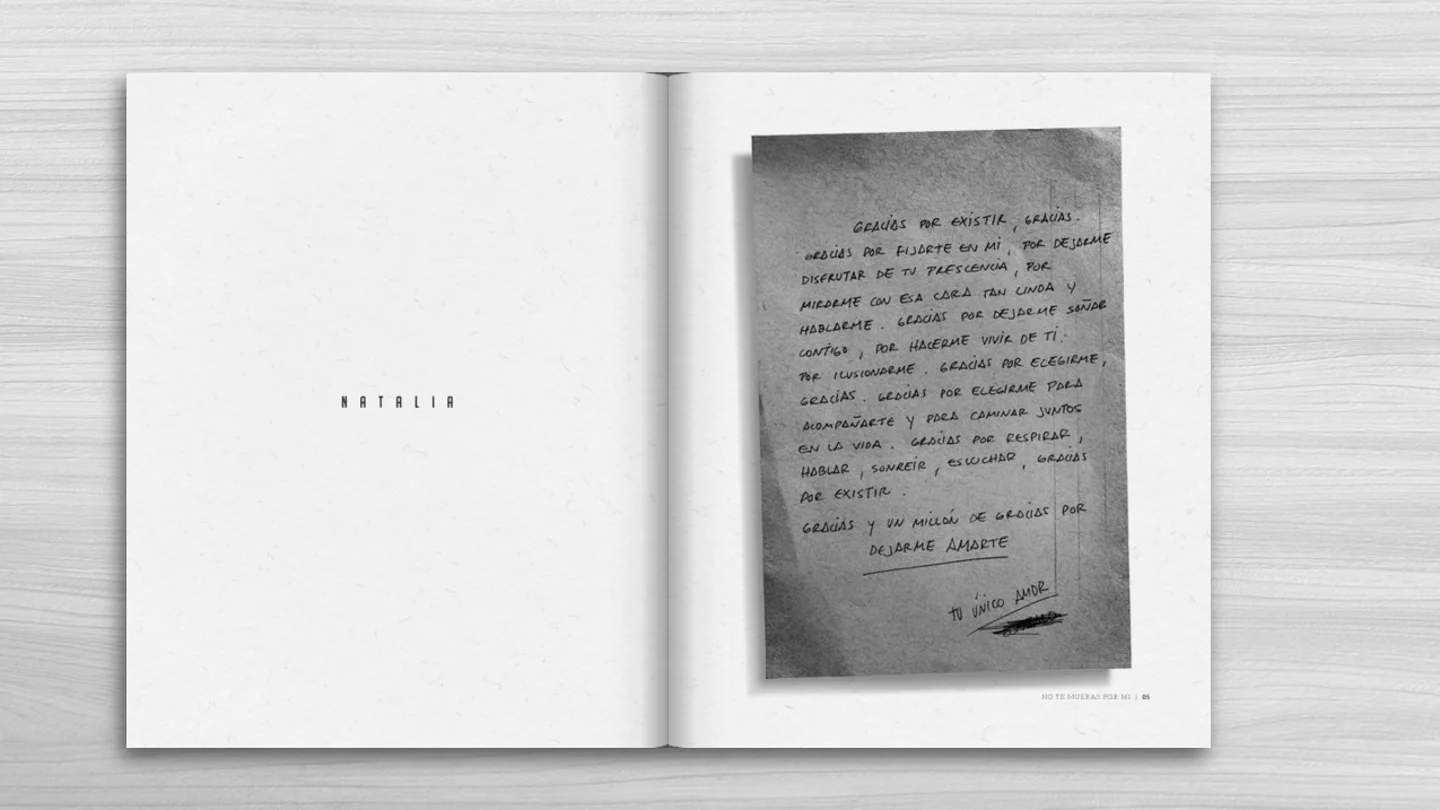 Página del libro 'no te mueras por mí' Página del libro 'no te mueras por mí'