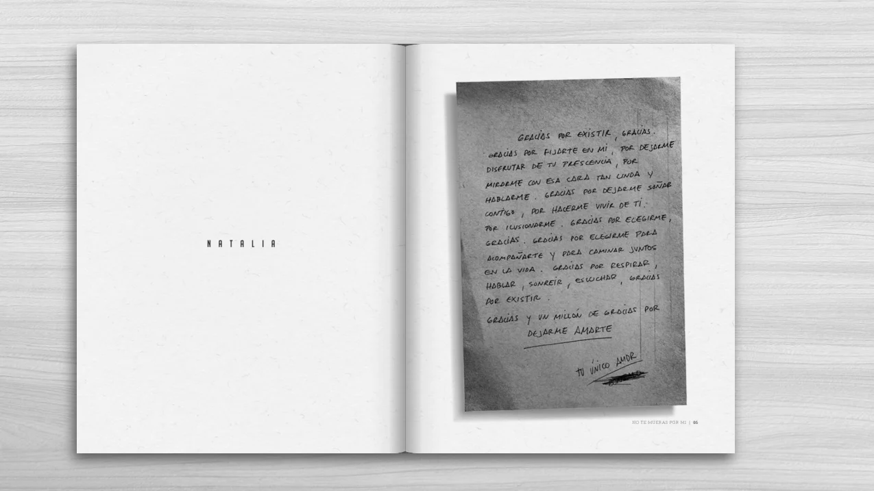 Página del libro 'no te mueras por mí' Página del libro 'no te mueras por mí'