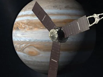 Representación artística de la sonda Juno sobre el planeta Júpiter y algunos de sus satélites. Representación artística de la sonda Juno sobre el planeta Júpiter y algunos de sus satélites.