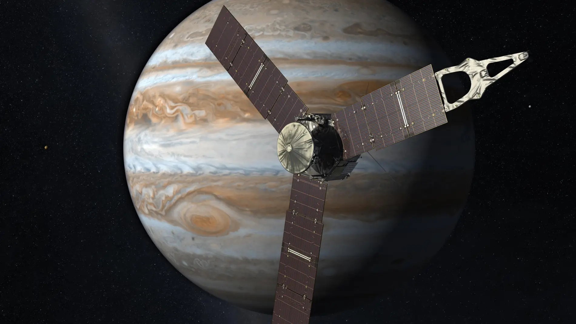 Representación artística de la sonda Juno sobre el planeta Júpiter y algunos de sus satélites.