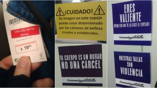 Pegatinas contra los cánones de belleza en tiendas de moda Pegatinas contra los cánones de belleza en tiendas de moda