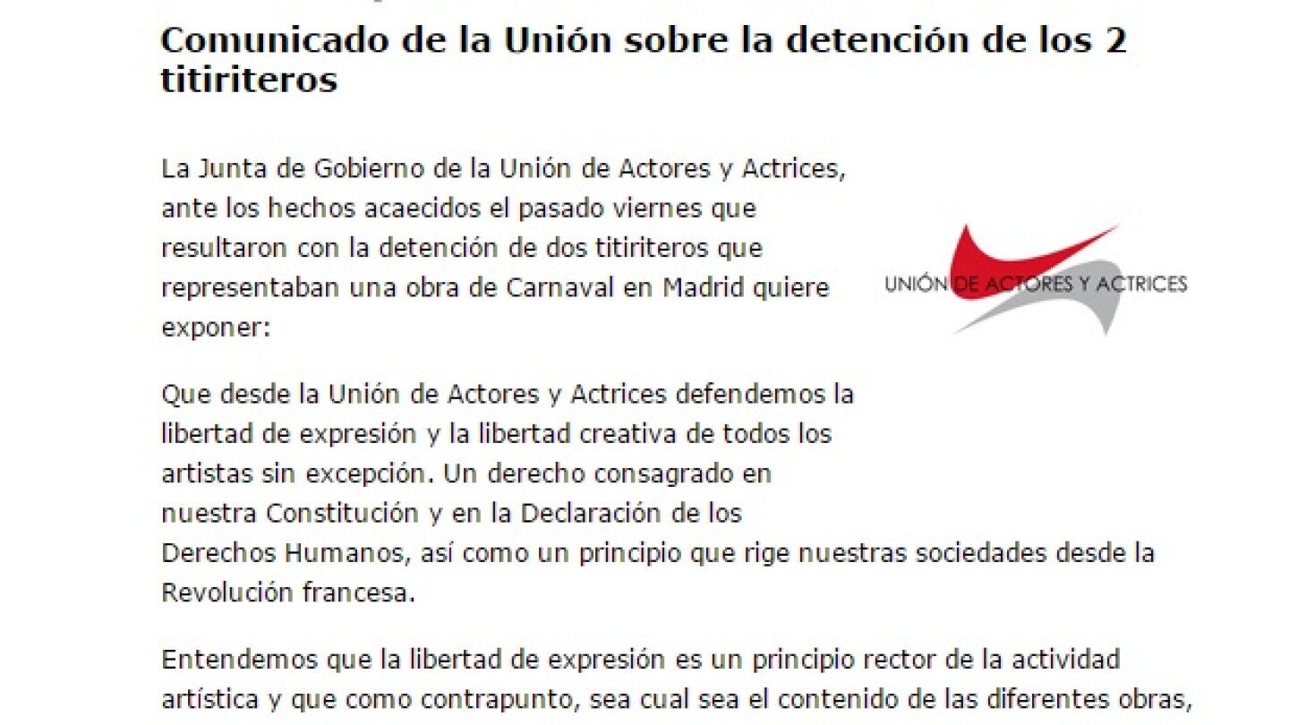 Comunicado de la uni&oacute;n de actores