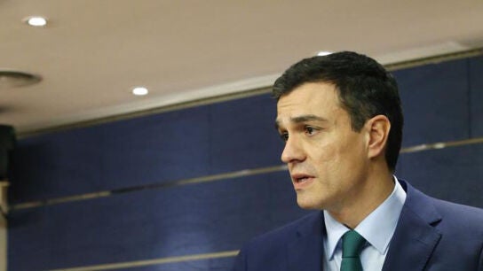 Pedro S&aacute;nchez, durante la rueda de prensa en el Congreso