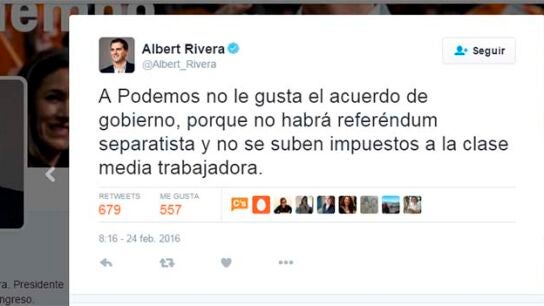 Albert Rivera responde a Podemos tras el acuerdo firmado con el PSOE