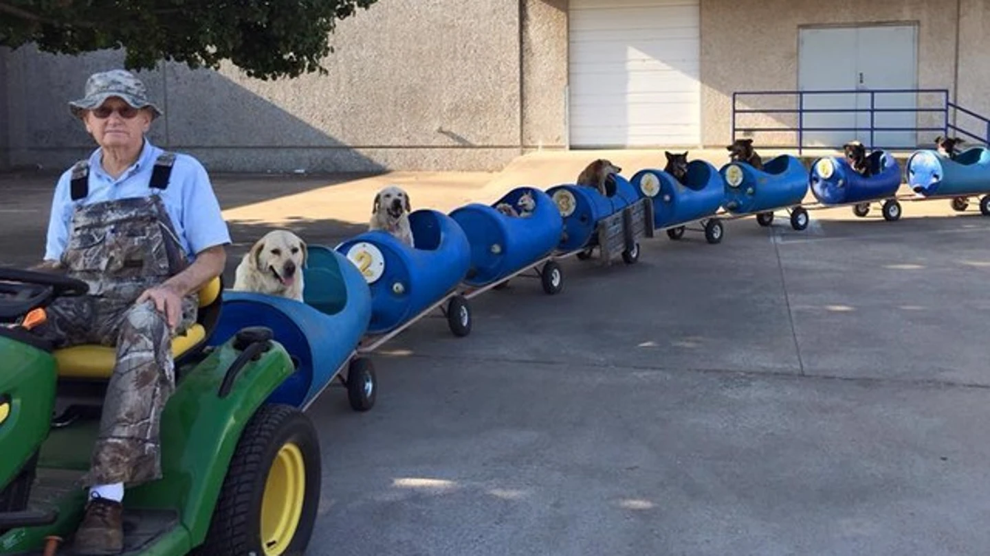 Eugene Bostick, con su tren para para pasear perros abandonados Eugene Bostick, con su tren para para pasear perros abandonados