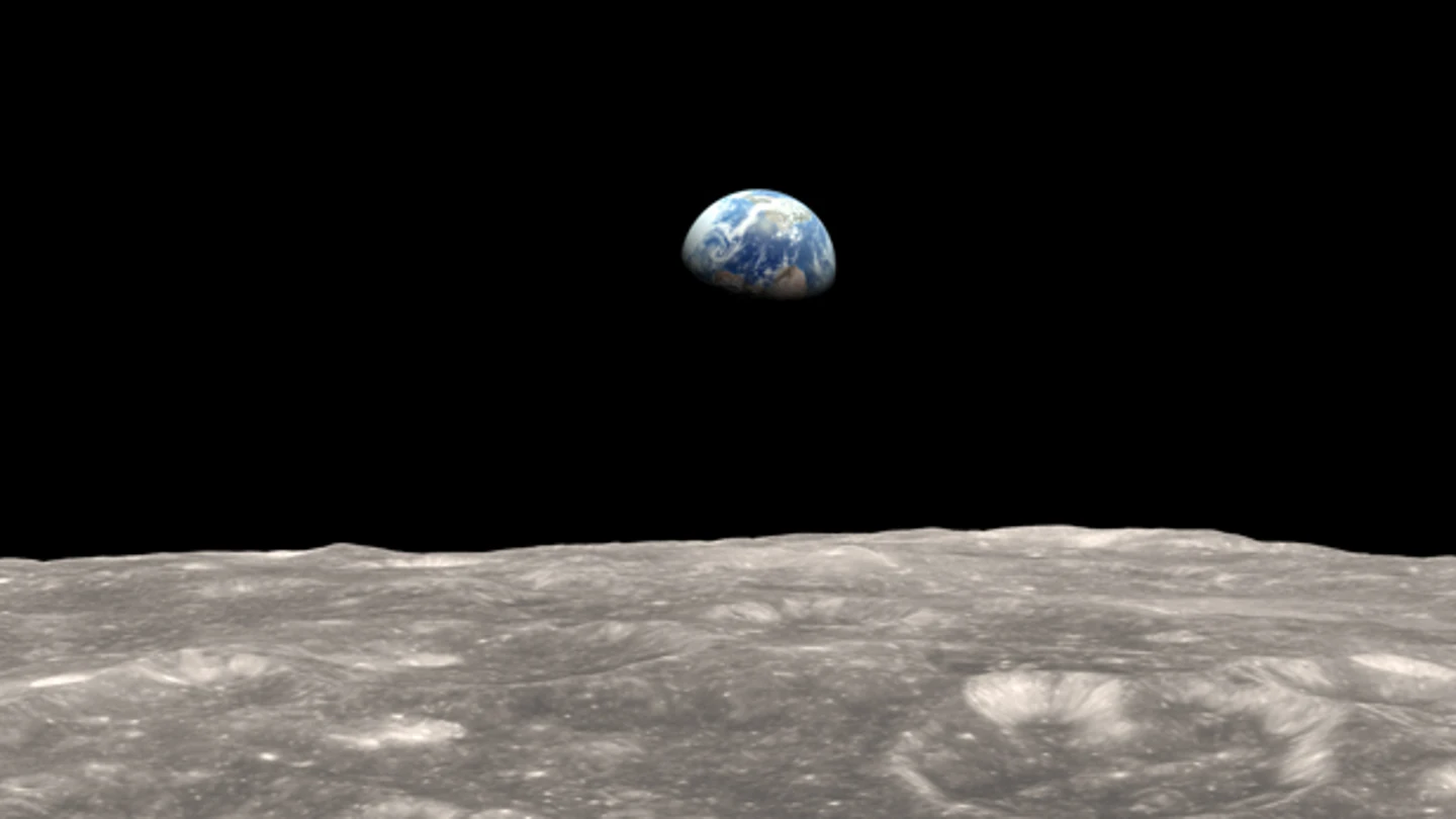 Recreación de la superficie lunar con la tierra al fondo Recreación de la superficie lunar con la tierra al fondo