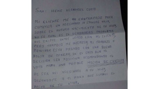 Carta de amenaza a Irene Hern&aacute;ndez, concejala socialista