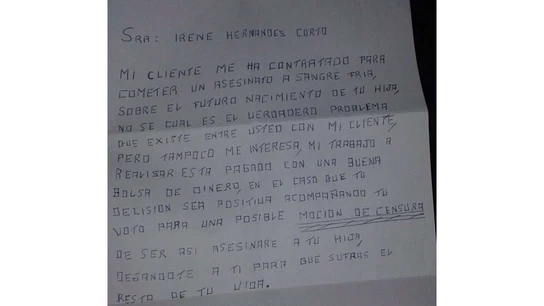 Carta de amenaza a Irene Hernández, concejala socialista Carta de amenaza a Irene Hernández, concejala socialista