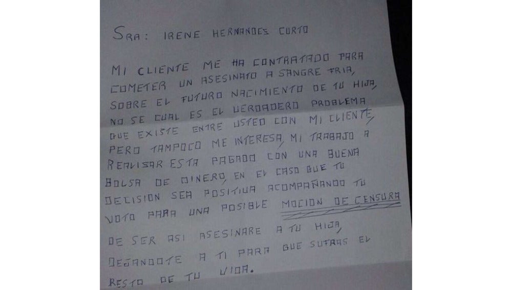 Carta de amenaza a Irene Hernández, concejala socialista