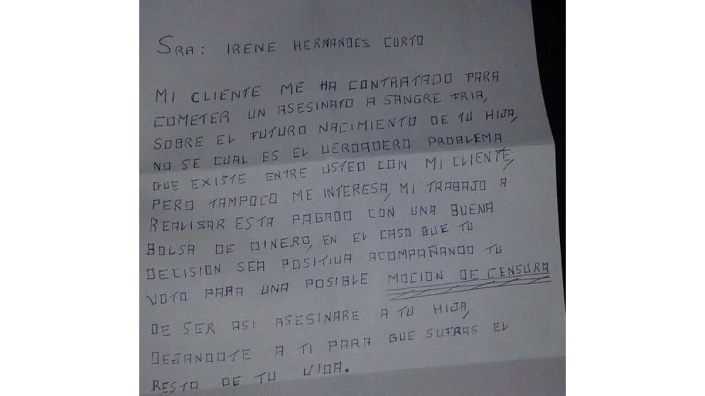 Carta de amenaza a Irene Hernández, concejala socialista