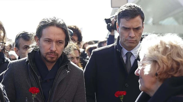 Pablo Iglesias y Pedro Sánchez en los actos de homenaje del 11M