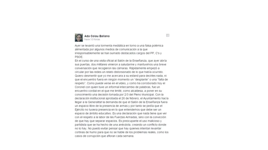 Captura del Facebook de Ada Colau Captura del Facebook de Ada Colau