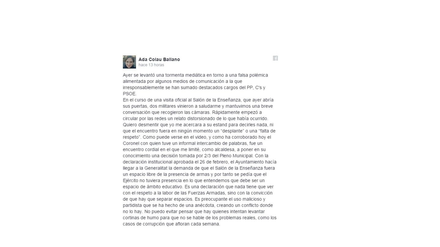 Captura del Facebook de Ada Colau