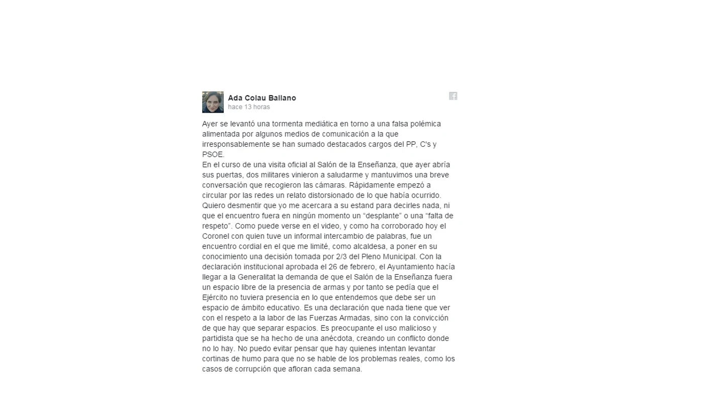 Captura del Facebook de Ada Colau Captura del Facebook de Ada Colau