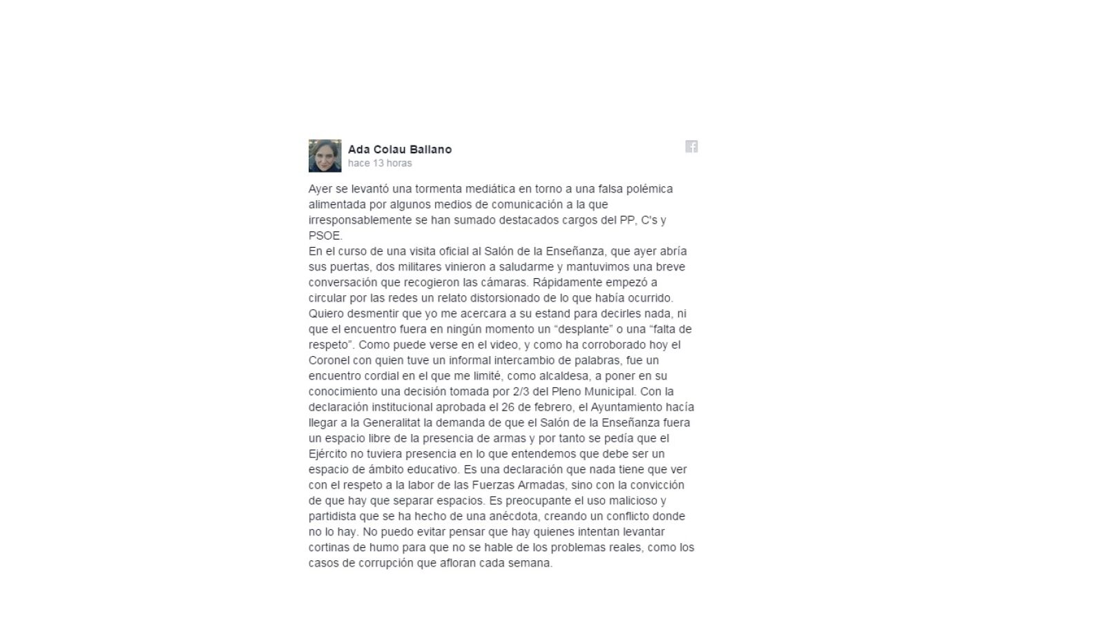 Captura del Facebook de Ada Colau