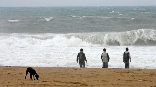 Varios j&oacute;venes y un perro en la orilla de la playa de la Barceloneta.