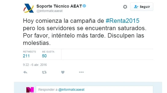 Tuit del soporte de la Agencia Tributaria Tuit del soporte de la Agencia Tributaria