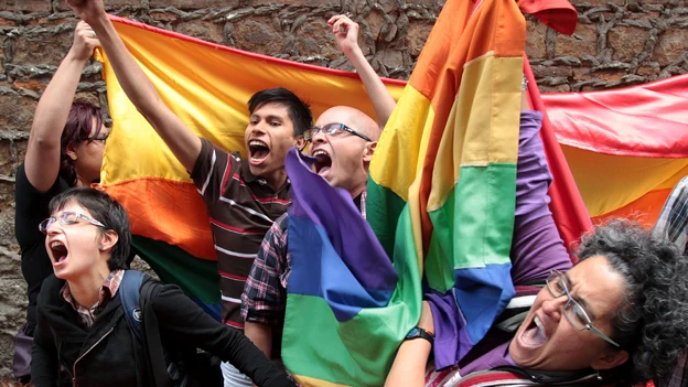 Activistas en favor de las uniones entre parejas del mismo sexo manifestándose en Bogotá Activistas en favor de las uniones entre parejas del mismo sexo manifestándose en Bogotá