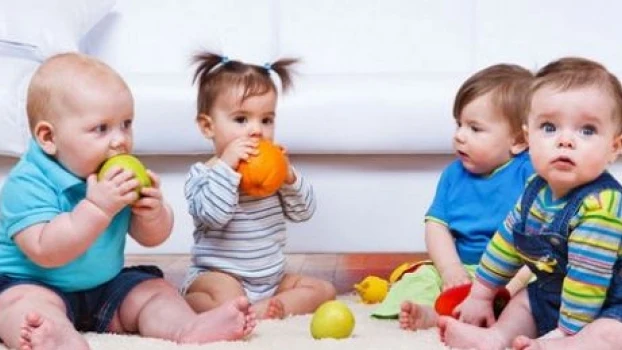 Varios bebés comiendo fruta