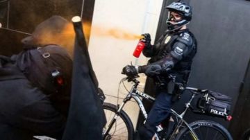 Un policía esparce gas pimienta sobre los manifestantes