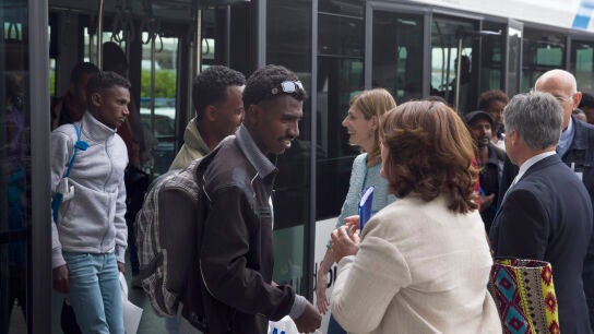 Refugiados procedentes de Italia, a su llegada a Espa&ntilde;a