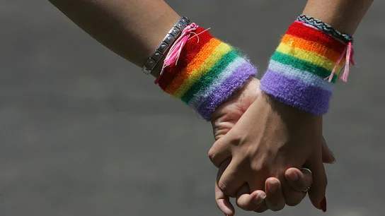 Una pareja gay pasea de la mano Una pareja gay pasea de la mano