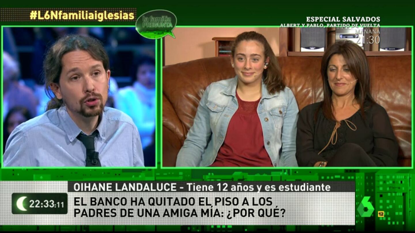 Frame 47.282628 de: Oihane Landaluce, 12 a&ntilde;os, a Pablo Iglesias: "&iquest;Por qu&eacute; le quita el banco el piso a los padres de mi amiga?"
