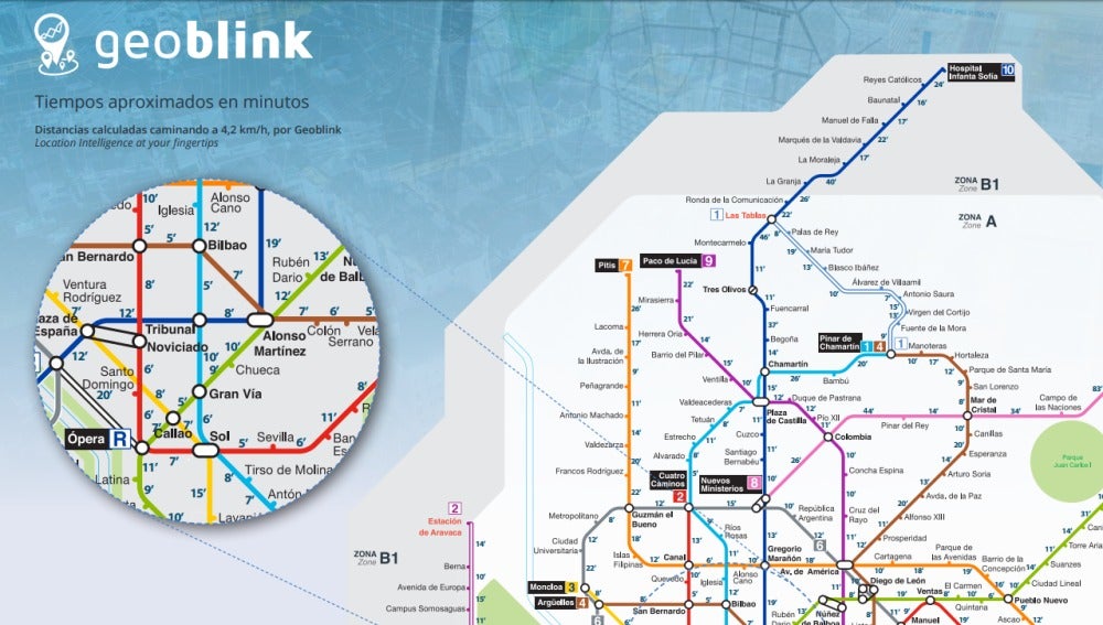 Extracto del plano de Metro por minutos creado por 'Geoblink'