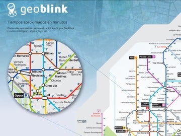 Extracto del plano de Metro por minutos creado por 'Geoblink' Extracto del plano de Metro por minutos creado por 'Geoblink'