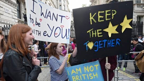 Varios manifestantes que apoyan la permanencia del Reino Unido en la Uni&oacute;n Europea