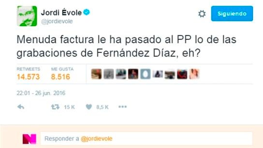 Tuit de Jordi &Eacute;vole tras las elecciones del 26J