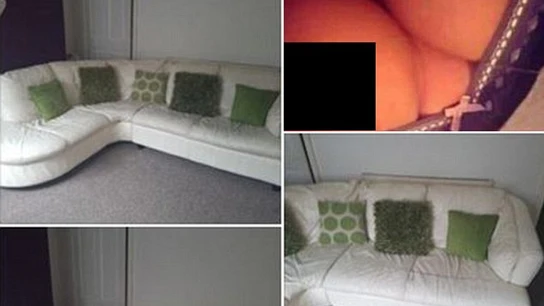 Imagen de los pechos de la joven en el anuncio de venta del sofá. Imagen de los pechos de la joven en el anuncio de venta del sofá.