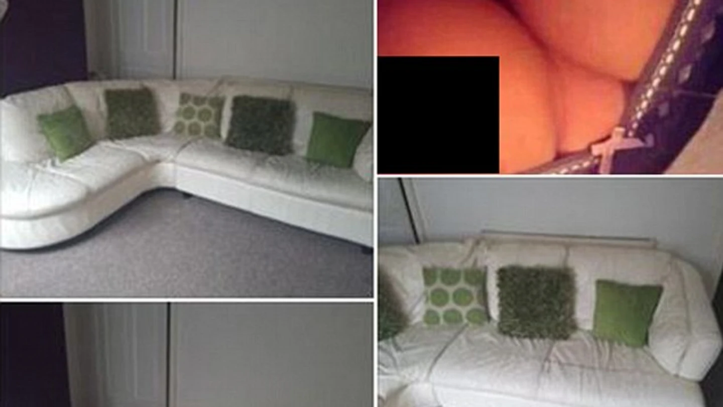 Imagen de los pechos de la joven en el anuncio de venta del sofá. Imagen de los pechos de la joven en el anuncio de venta del sofá.