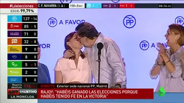 Mariano Rajoy besa a su mujer en el balcón de Génova
