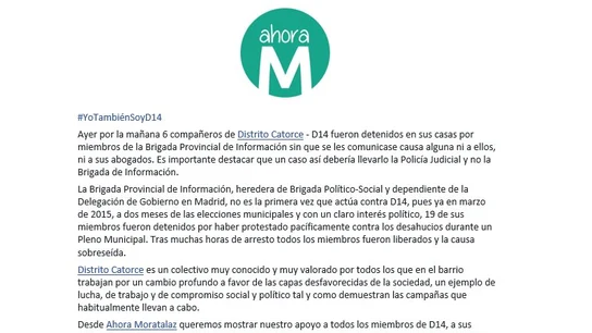 Comunicado de Ahora Madrid en Moratalaz Comunicado de Ahora Madrid en Moratalaz