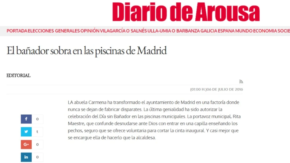 Pantallazo del editorial del 'Diario de Arousa' sobre el Día sin Bañador