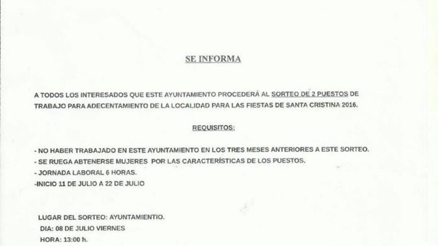 l municipio de Cristina sortea dos puestos de trabajo s&oacute;lo para hombres