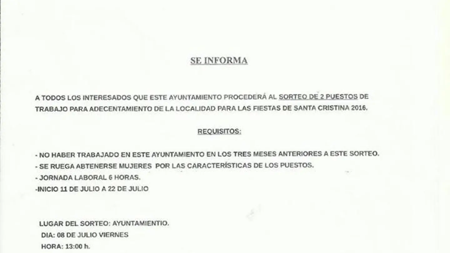 l municipio de Cristina sortea dos puestos de trabajo sólo para hombres l municipio de Cristina sortea dos puestos de trabajo sólo para hombres