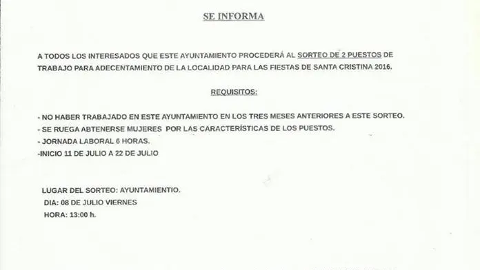 l municipio de Cristina sortea dos puestos de trabajo sólo para hombres