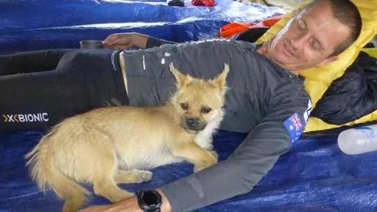 Gobi mientras descansa junto a su nuevo dueño Gobi mientras descansa junto a su nuevo dueño