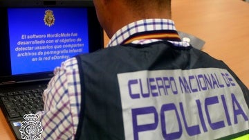 Un agente de Policía revisa un ordenador en el marco de una operación contra la pornografía infantil.