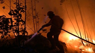 Un bombero combate un incendio forestal en Aveiro, Portugal.